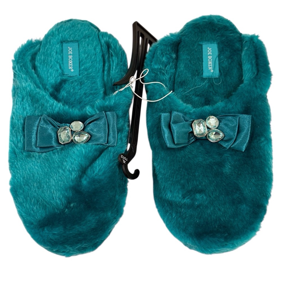 NEW Joe Boxer Turquoise Faux Fur Slippers with Bow and Gem ~ Size 11/12